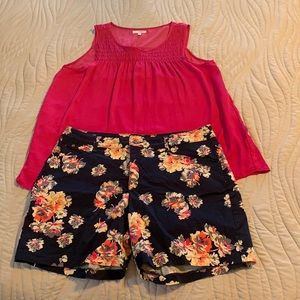 Floral cotton shorts and pink sleeveless blouse